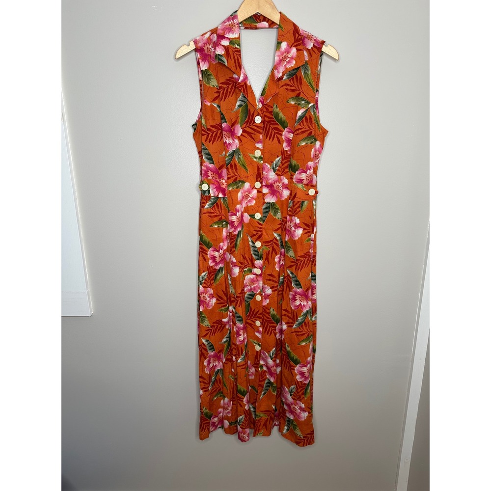 Erika Women's Vintage Orange Floral Print Button Front Sleeveless Midi Dress‎ M
